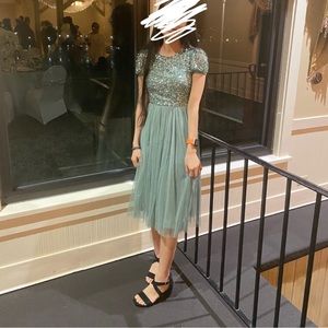 maya petite embellished top mini dress in dusty sage green